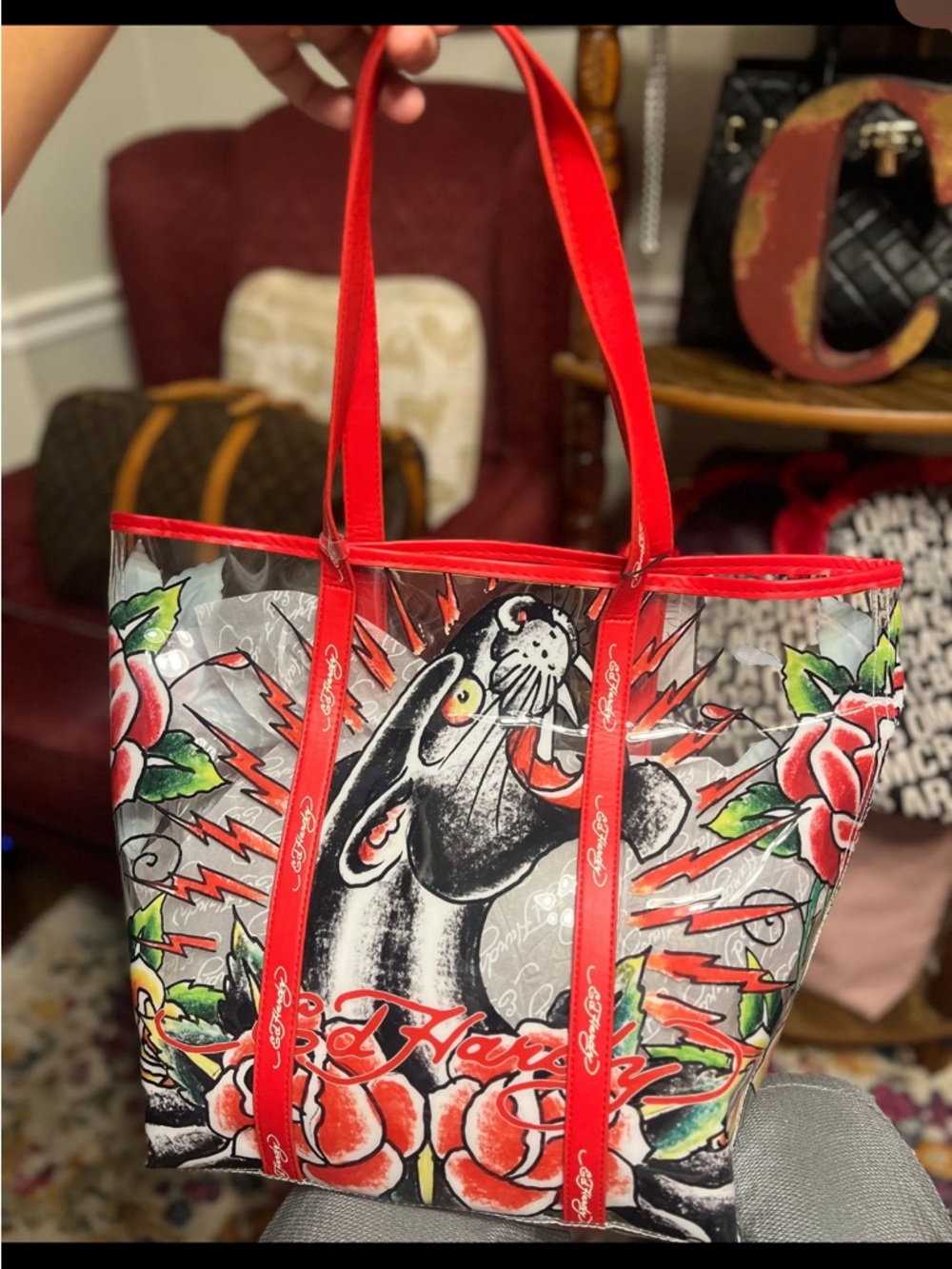 Ed Hardy Red and Black Graphic Panther Canvas Tote